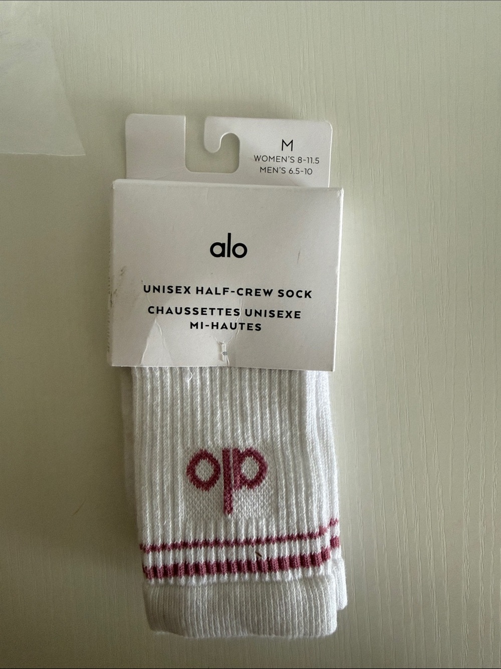 ALO Yoga White Socks with Pink Logo and Stripes
